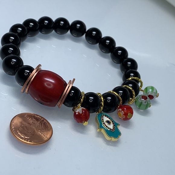 ONYX + DYED CORAL STONES NATURAL BRACELET size 7” - Picture 4 of 6